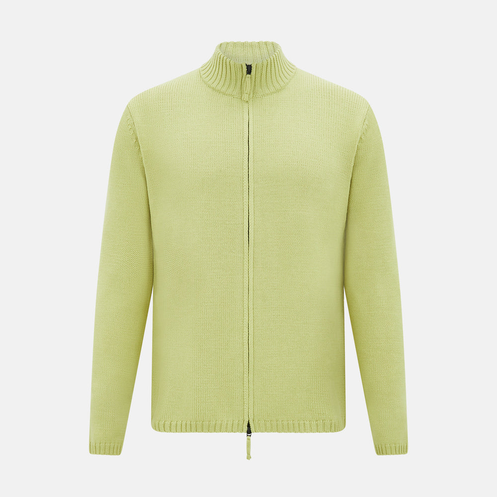 The Melon Green Merino High Neck Zipped Cardigan by Turnbull & Asser features long sleeves and ribbed collar, cuffs, and hem, shown on a plain white background.