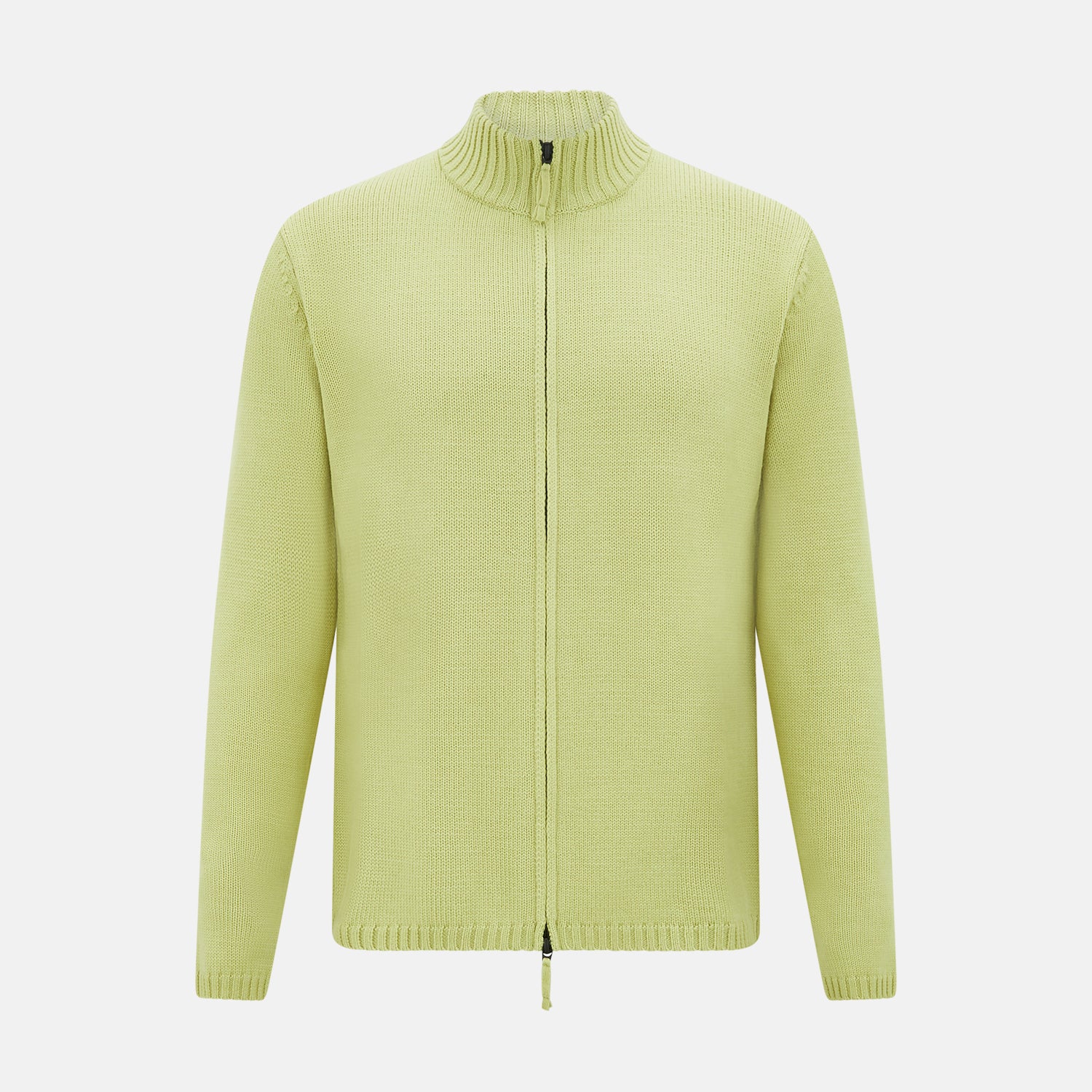 View 1 of product The Melon Green Merino High Neck Zipped Cardigan by Turnbull & Asser features long sleeves and ribbed collar, cuffs, and hem, shown on a plain white background.