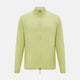 The Melon Green Merino High Neck Zipped Cardigan by Turnbull & Asser features long sleeves and ribbed collar, cuffs, and hem, shown on a plain white background.
