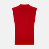 View 3 of product The Turnbull & Asser Red Fine Merino V-Neck Vest is a men's sleeveless jumper featuring ribbed edges, showcased against a plain white background.