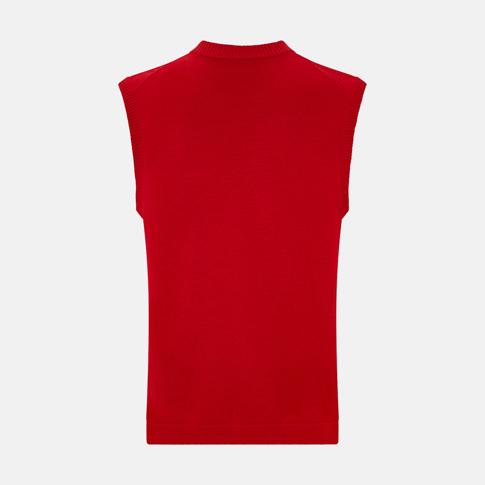 The Turnbull & Asser Red Fine Merino V-Neck Vest is a men's sleeveless jumper featuring ribbed edges, showcased against a plain white background.