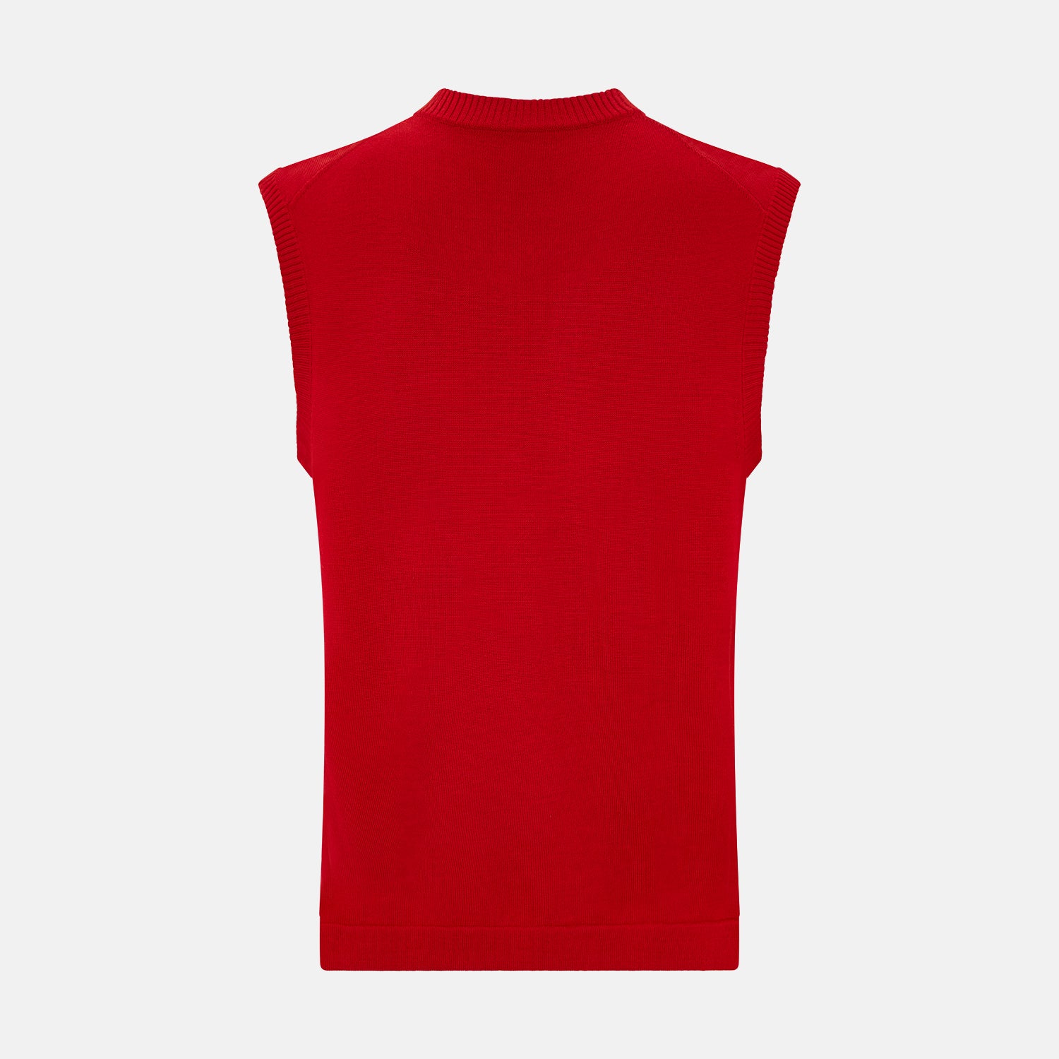 View 3 of product The Turnbull & Asser Red Fine Merino V-Neck Vest is a men's sleeveless jumper featuring ribbed edges, showcased against a plain white background.