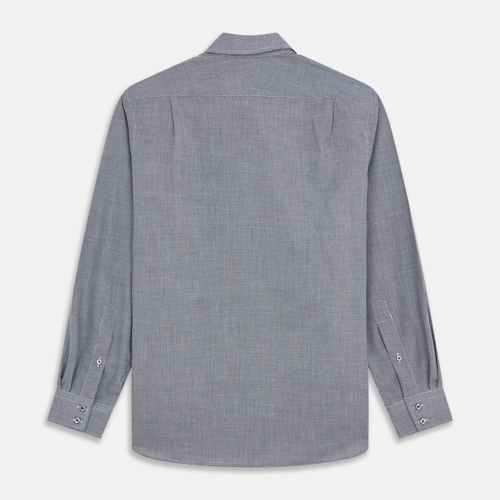 The Turnbull & Asser Navy Houndstooth Wool Tailored Fit Shelton Shirt features a classic collar, buttoned cuffs, and a refined tailored fit, shown laid flat on a white background.