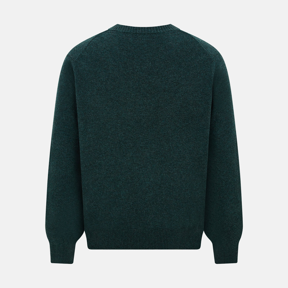 Turnbull & Asser’s Green Melange Cashmere Cardigan features a V-neck, long sleeves, ribbed cuffs and hem, two front pockets, and a button-up front—an essential knitwear piece shown against a white background.