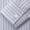 View 3 of product Turnbull & Asser Navy & Blue Stripe Weekend Fit Shirt, featuring a Derby collar, single button cuffs, and a chest pocket, laid flat on a white background.
