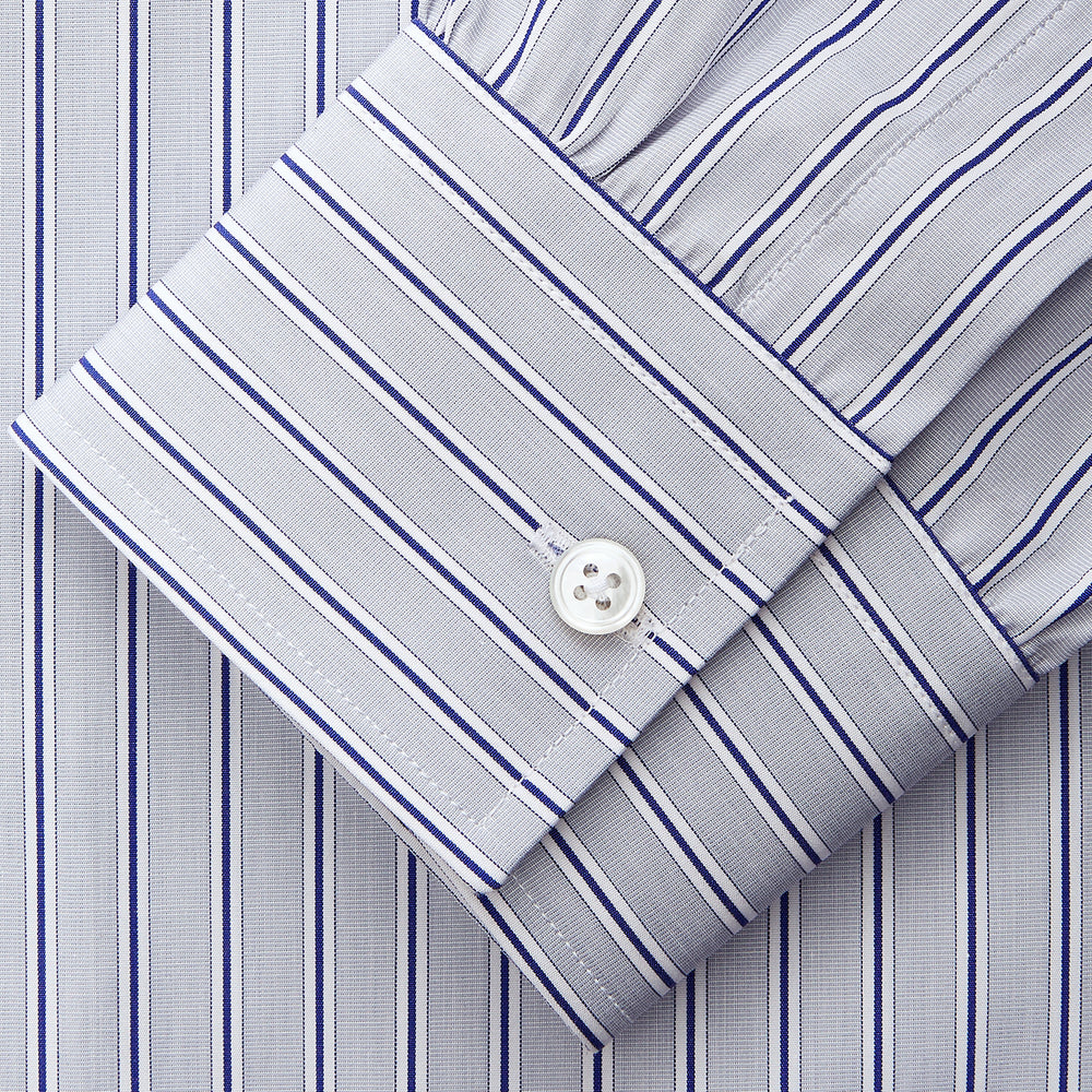 Turnbull & Asser Navy & Blue Stripe Weekend Fit Shirt, featuring a Derby collar, single button cuffs, and a chest pocket, laid flat on a white background.