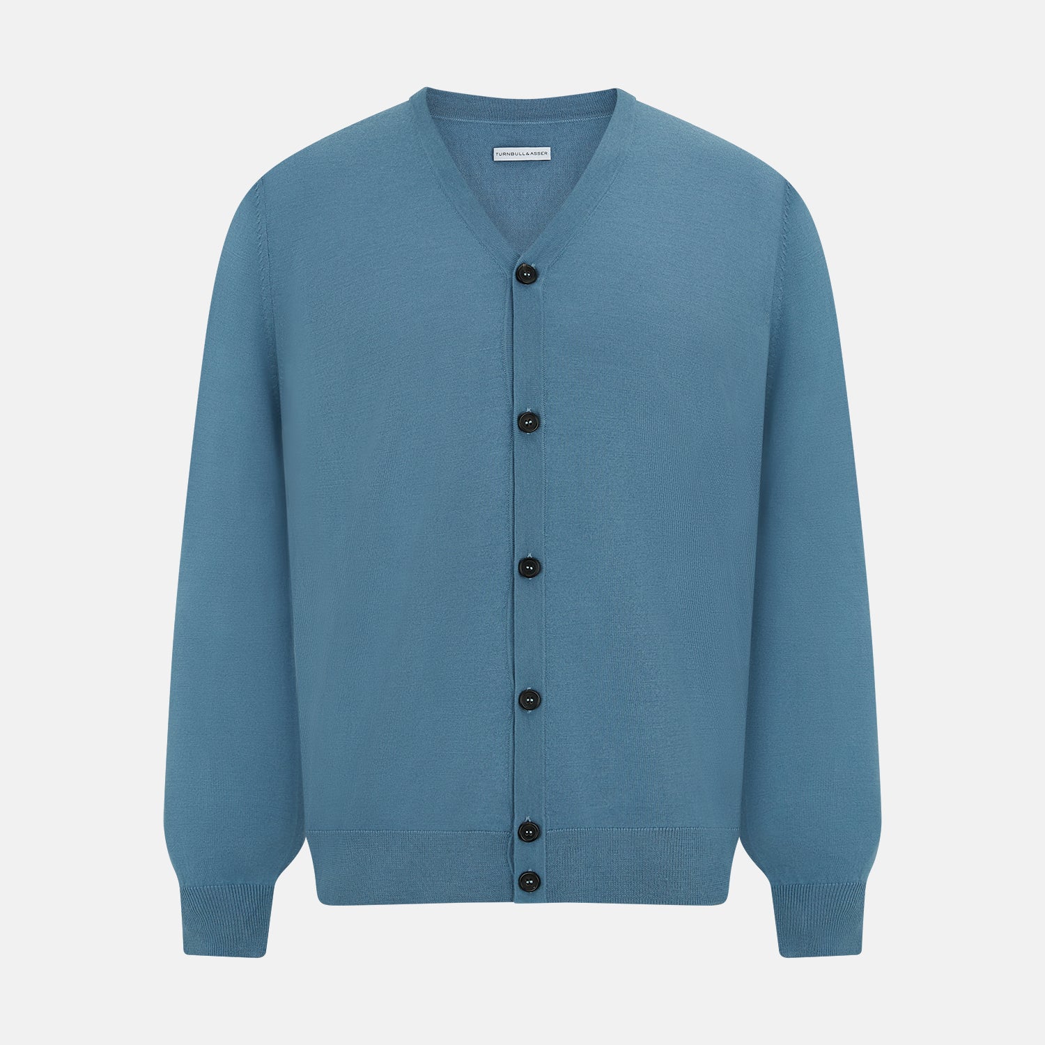 View 1 of product The Turnbull & Asser Pale Blue Fine Merino V-Neck Cardigan features long sleeves and five black buttons, showcased on a plain white background.
