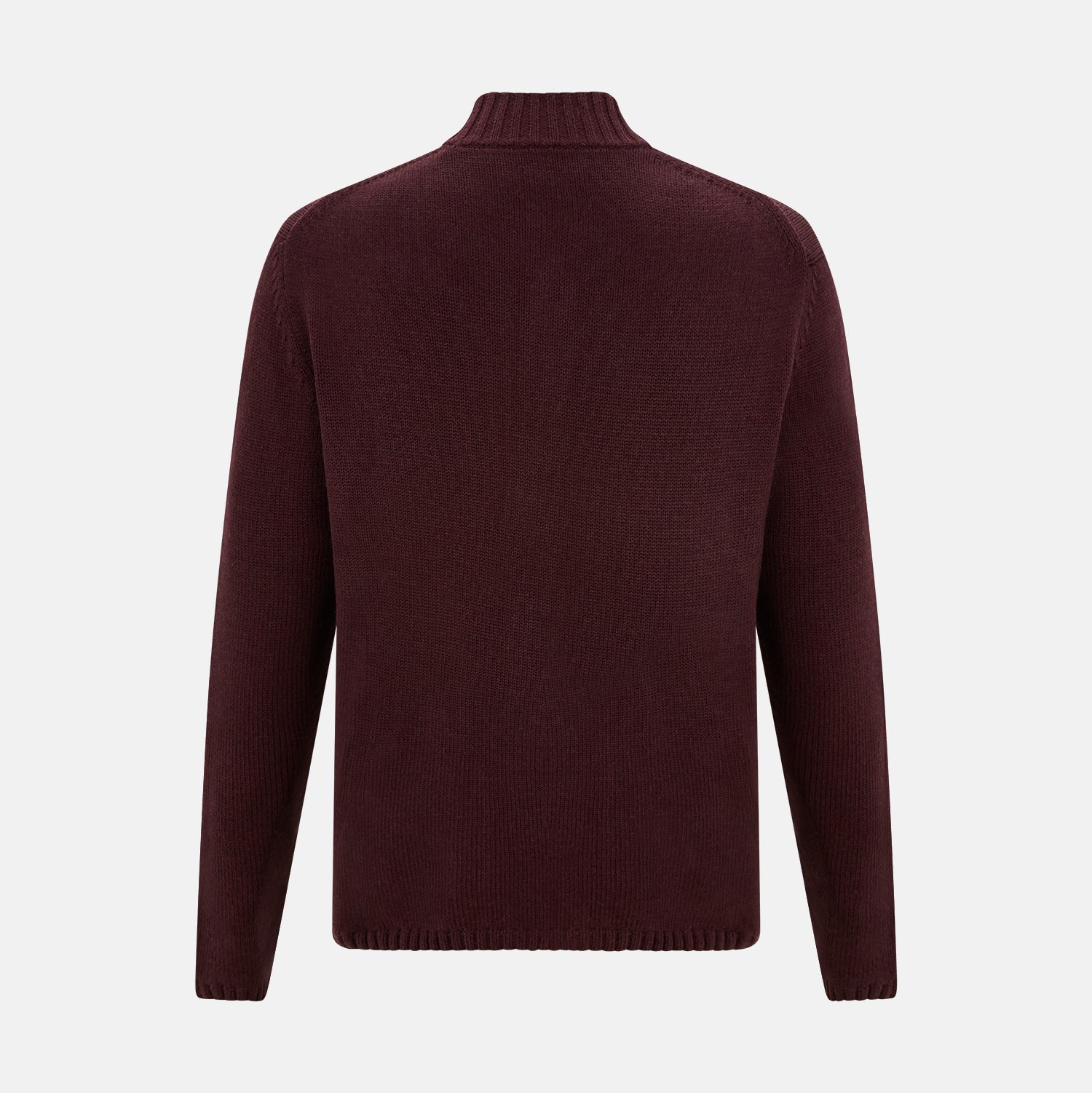 View 3 of product The Turnbull & Asser Burgundy Merino High Neck Zipped Cardigan features long sleeves, a zip-up front, and ribbed collar, cuffs, and hem, crafted from soft merino knitwear and shown on a white background.