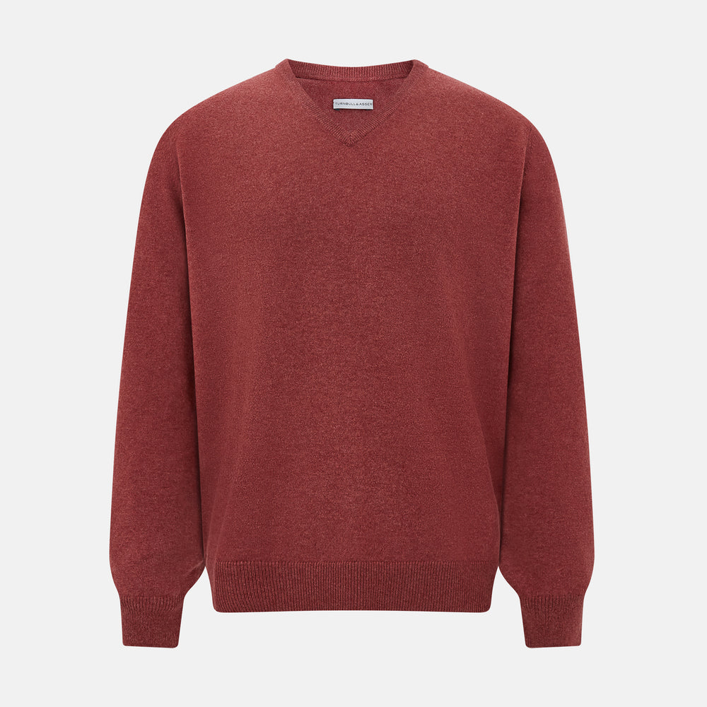 The Turnbull & Asser Burgundy Crew V-Neck Cashmere Jumper is a long-sleeve knitwear piece with ribbed cuffs, hem, and neckline, shown on a white background.