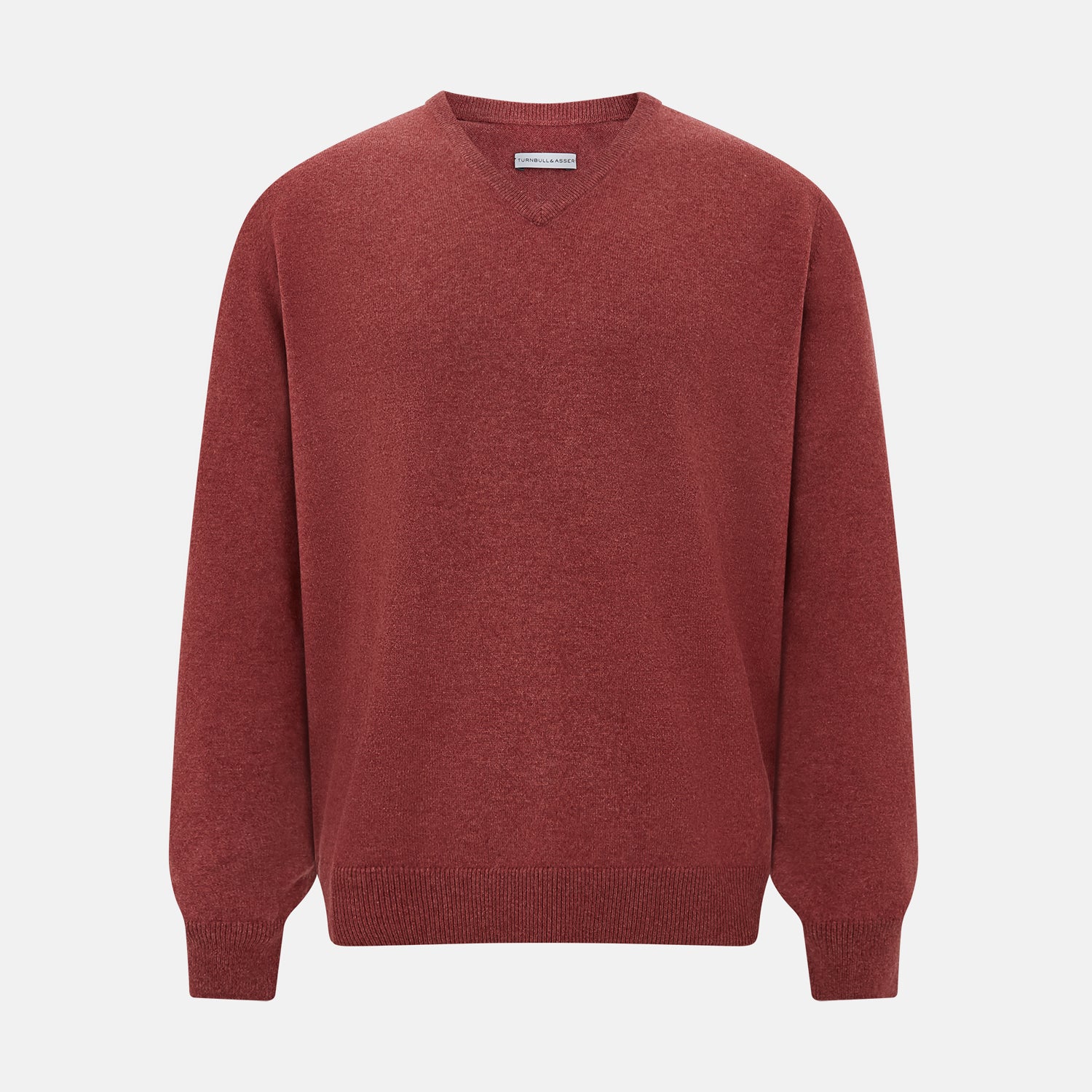 View 1 of product The Turnbull & Asser Burgundy Crew V-Neck Cashmere Jumper is a long-sleeve knitwear piece with ribbed cuffs, hem, and neckline, shown on a white background.