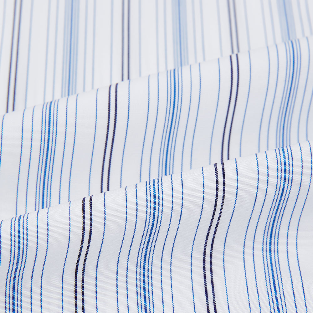 The Turnbull & Asser Navy and Blue Multi Stripe Shirt with Contrast Collar and Double Cuffs is shown in a Mayfair fit on a plain white background.