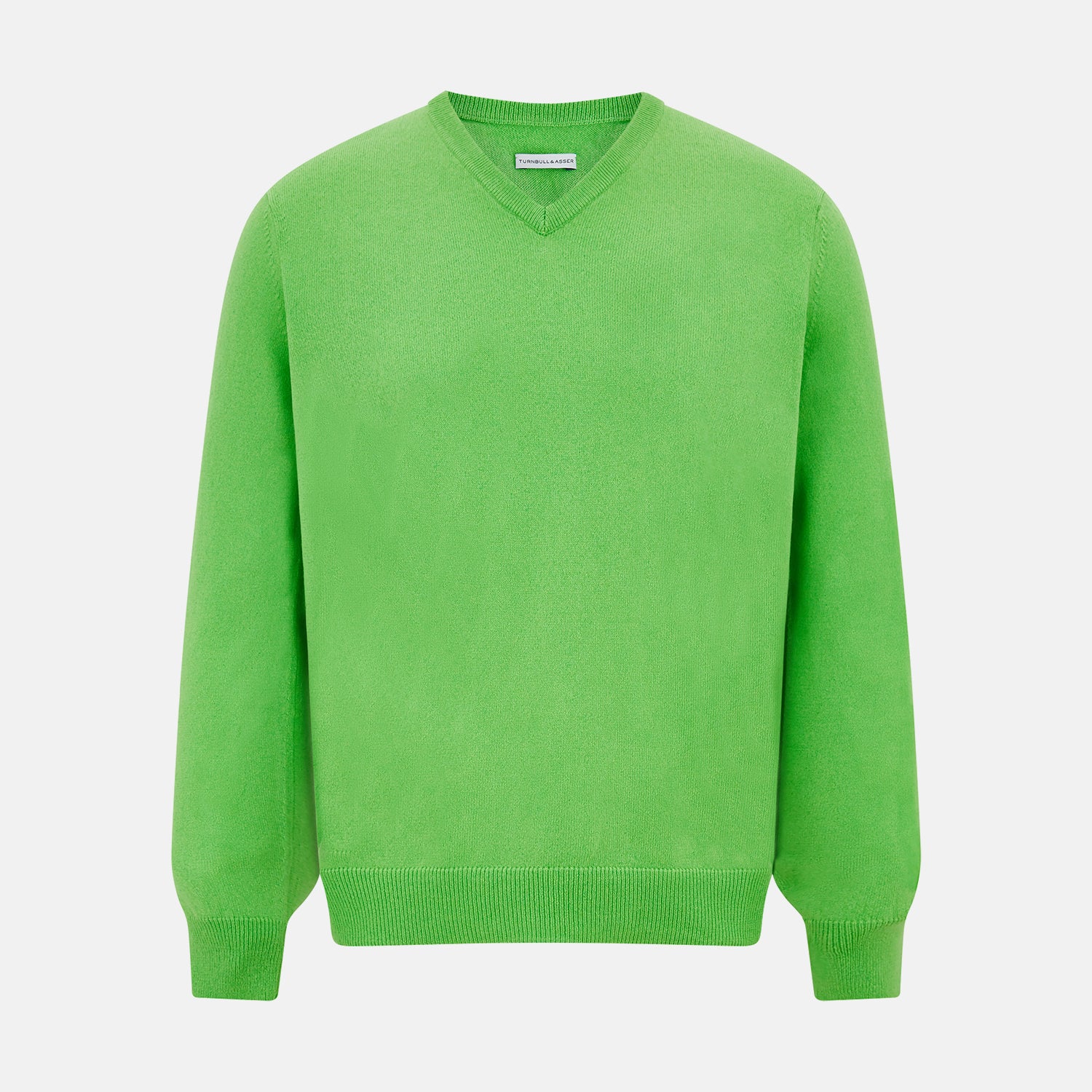 View 1 of product The Turnbull & Asser Lime Green Cashmere V-Neck Jumper features long sleeves and ribbed cuffs, hem, and neckline—ideal for adding vibrant color to your knitwear collection. Displayed on a white background.