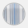View 1 of product A close-up of Turnbull & Asser's Blue Multi Stripe Cotton Fabric shows white material with vertical light and dark blue stripes in varying widths, displayed inside a circular frame.