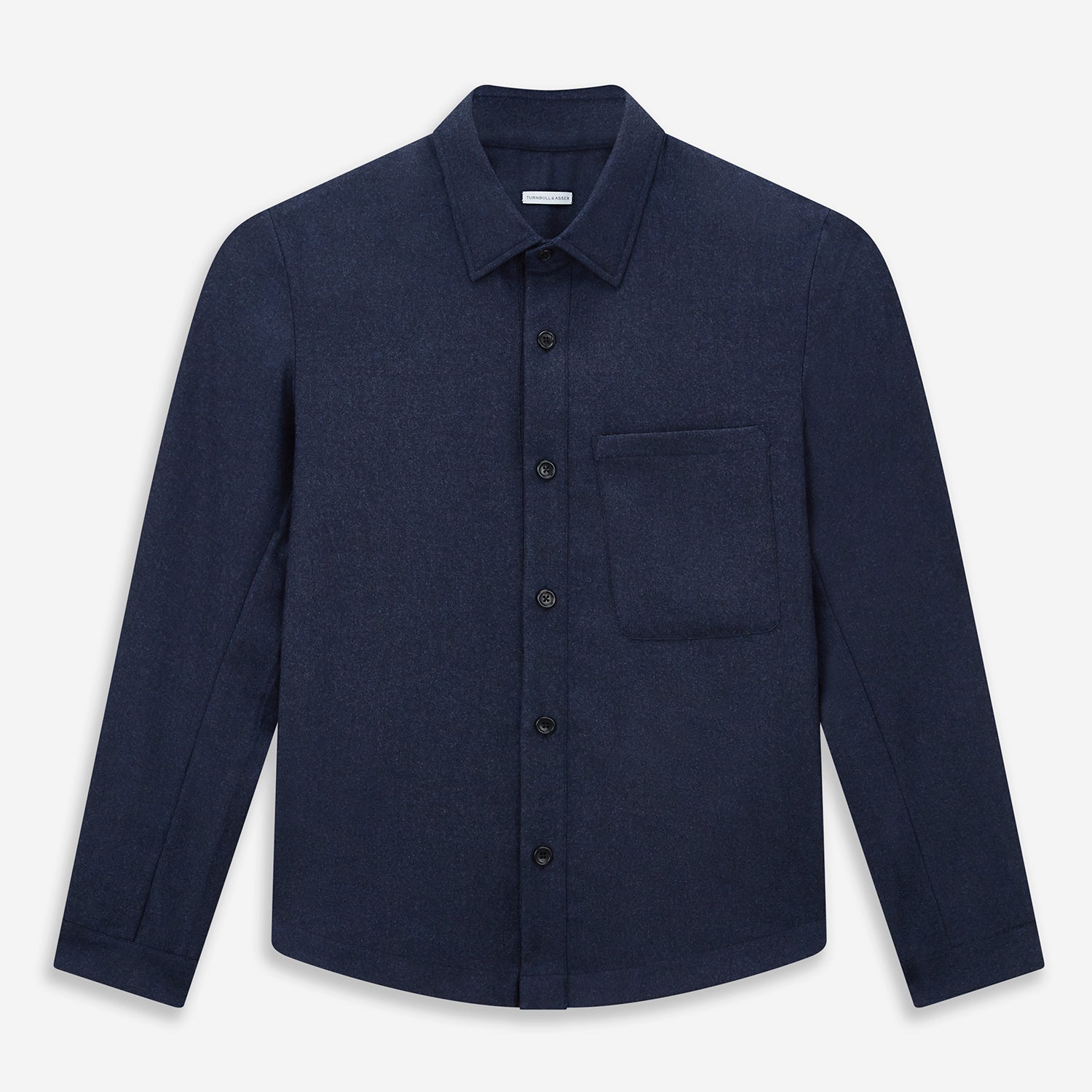 View 1 of product The Turnbull & Asser Mid Blue Highbury Overshirt features long sleeves, a button-up front, collar, and single chest pocket, shown laid flat on a white background.