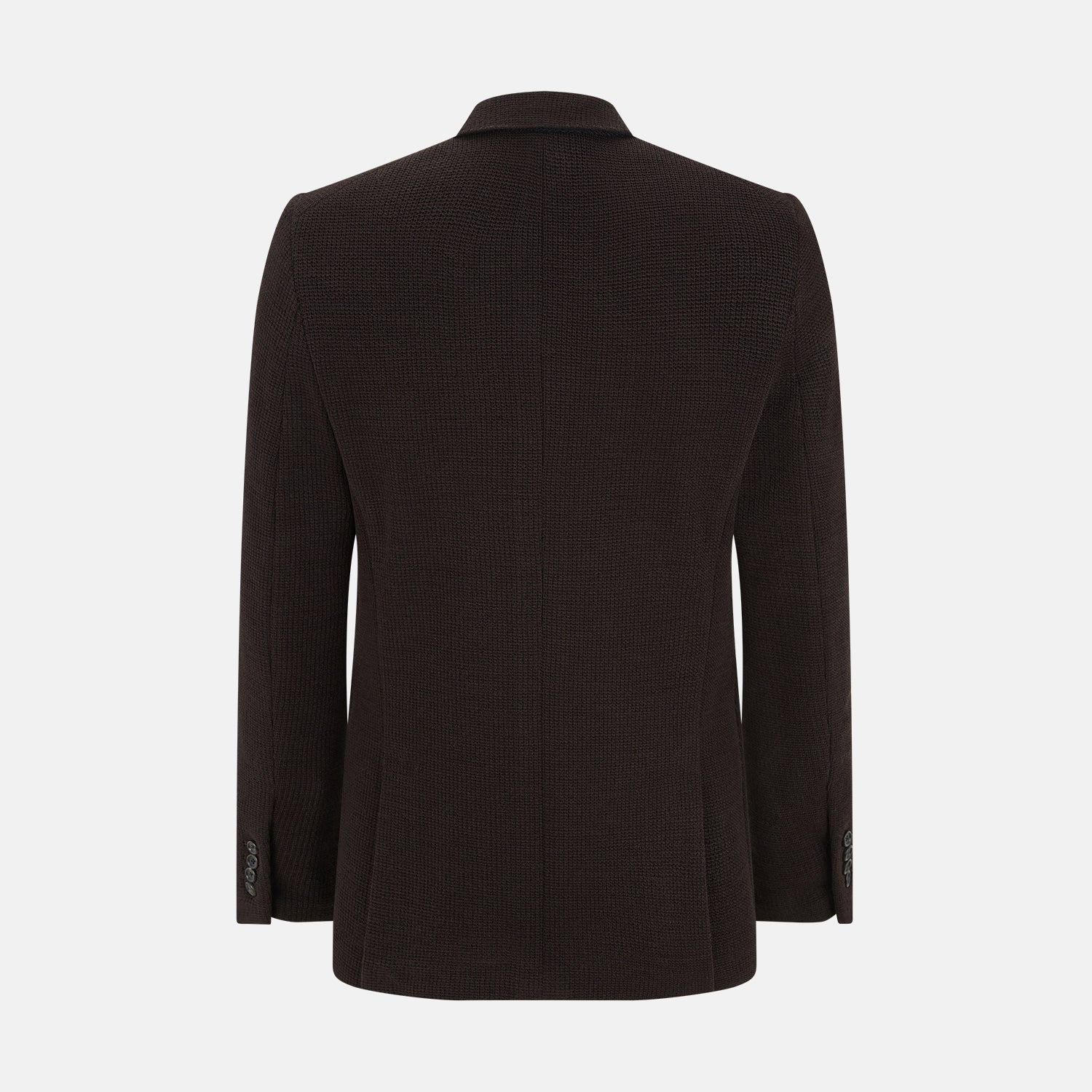 View 3 of product The Turnbull & Asser Dark Chocolate Knitted Cambridge Blazer for men, made from fine Italian wool with British tailoring, features a notched lapel, three front buttons, and three patch pockets, shown on a plain white background.