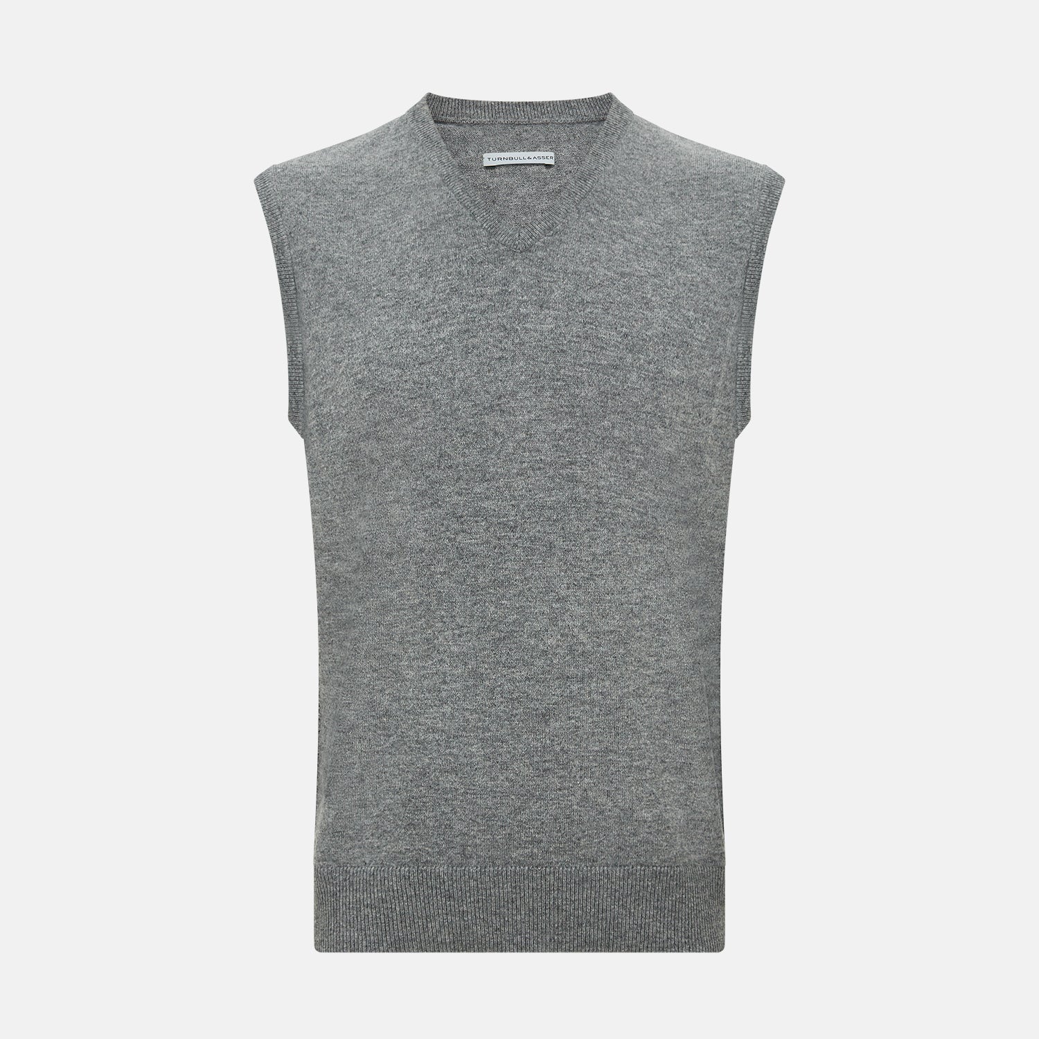 View 1 of product Turnbull & Asser's Grey Melange V-neck Cashmere Vest features classic ribbed trim at the neck, armholes, and hem—an elegant addition to any gentleman’s wardrobe, shown here against a plain white background.