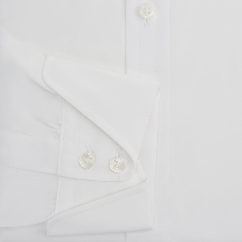 The Turnbull & Asser White Poplin Shirt With Regent Collar and 2-Button Cocktail Cuffs, featuring long sleeves, is buttoned up and laid flat on a white background.