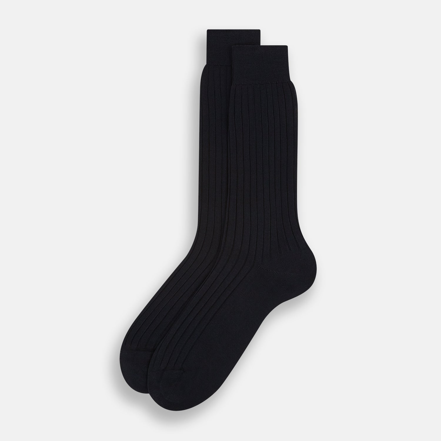 View 2 of product A single Midnight Thick Knit Mid-Length Sock by Turnbull & Asser, crafted from black mercerised Egyptian cotton, is shown in side profile against a plain white background with the toe pointing left.