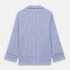 View 8 of product The Turnbull & Asser Women's Harriet Blue Bengal Stripe Pyjama Set features premium cotton, a long-sleeve button-up top with chest pocket, and drawstring pants—an ideal gift option.