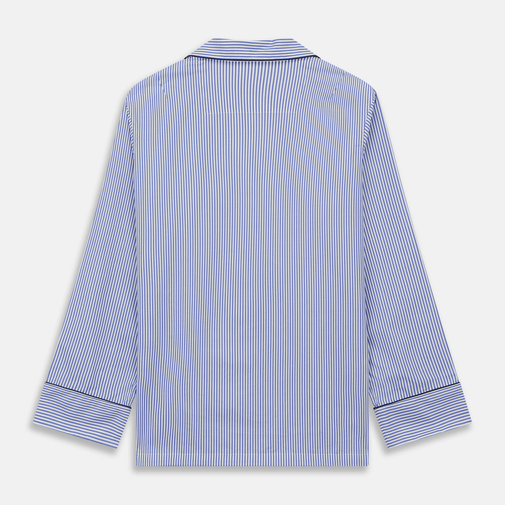 The Turnbull & Asser Women's Harriet Blue Bengal Stripe Pyjama Set features premium cotton, a long-sleeve button-up top with chest pocket, and drawstring pants—an ideal gift option.