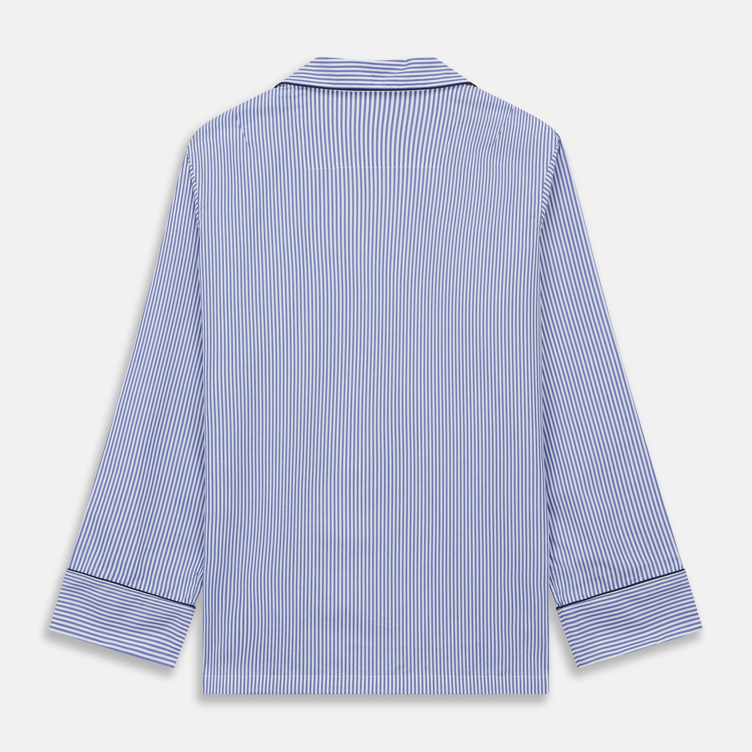 View 8 of product The Turnbull & Asser Women's Harriet Blue Bengal Stripe Pyjama Set features premium cotton, a long-sleeve button-up top with chest pocket, and drawstring pants—an ideal gift option.