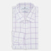 View 5 of product The Turnbull & Asser Lilac Grid Check Mayfair Shirt is a long-sleeve, button-up style crafted from Italian cotton with a white base and lilac grid check pattern, shown on a plain white background.