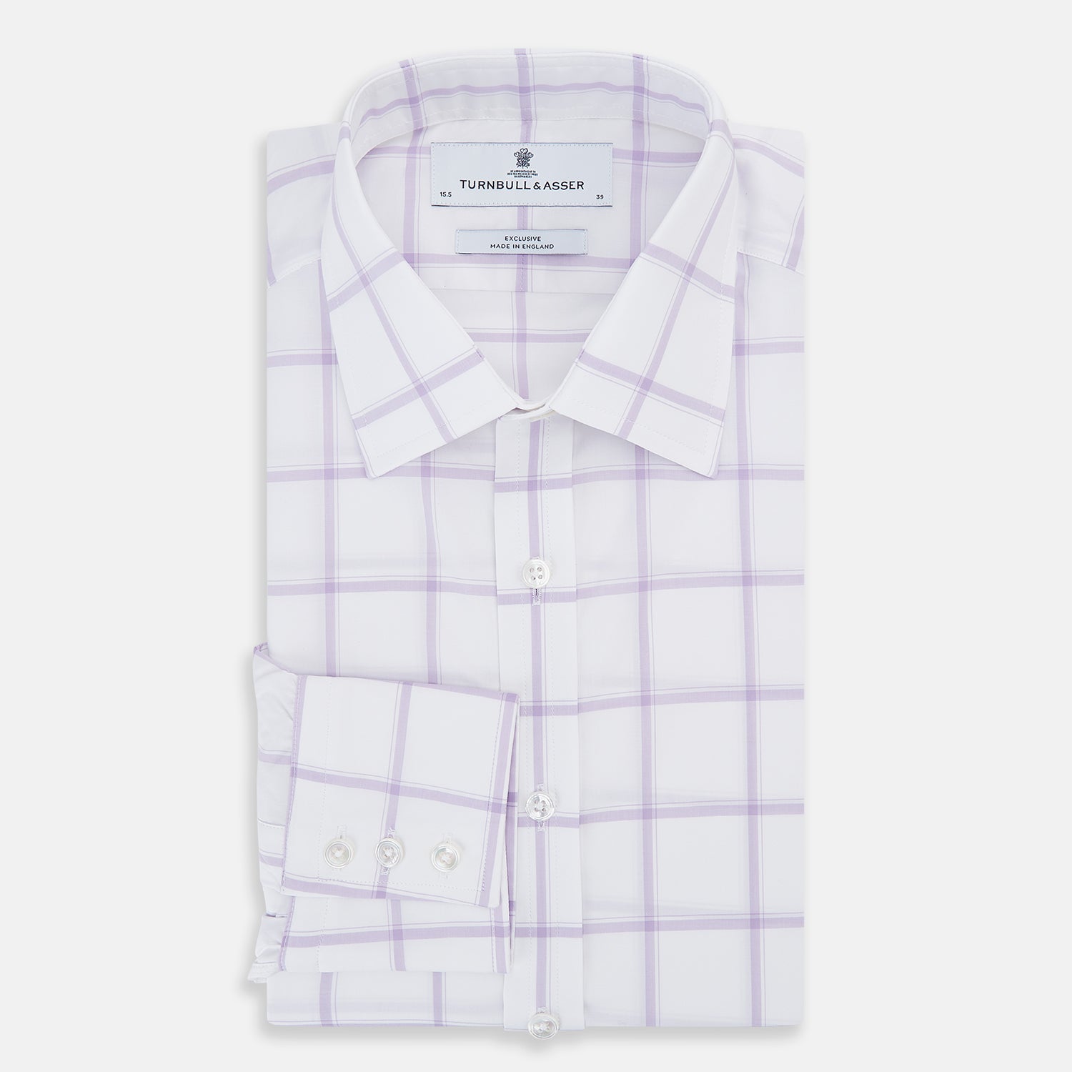 View 5 of product The Turnbull & Asser Lilac Grid Check Mayfair Shirt is a long-sleeve, button-up style crafted from Italian cotton with a white base and lilac grid check pattern, shown on a plain white background.