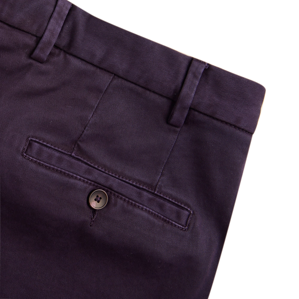 Turnbull & Asser Purple Cotton Trousers: slim-fit with button and zip closure, front and back pockets, shown on a white background.