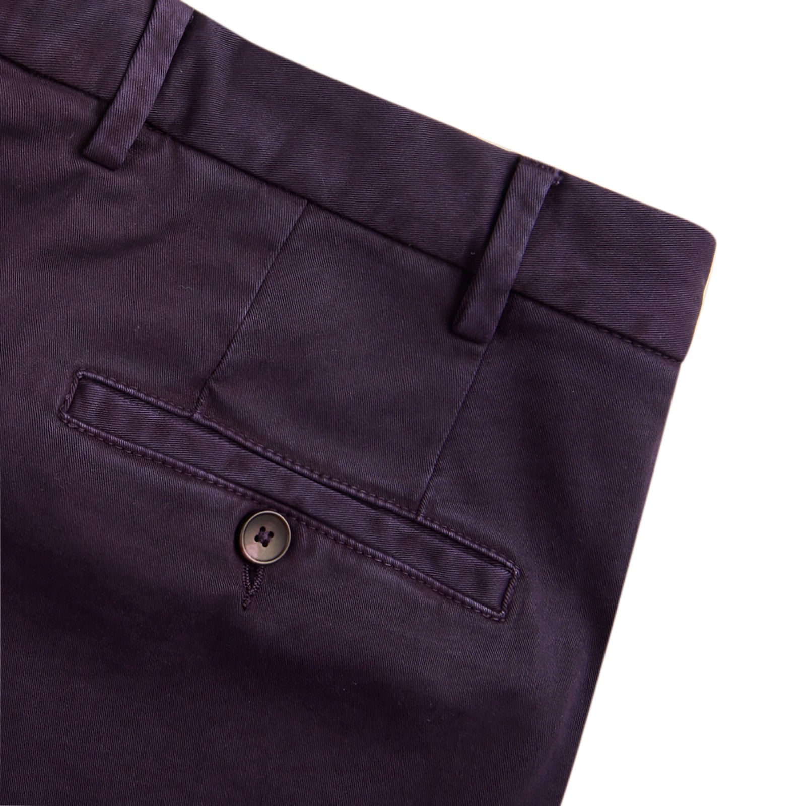 View 4 of product Turnbull & Asser Purple Cotton Trousers: slim-fit with button and zip closure, front and back pockets, shown on a white background.
