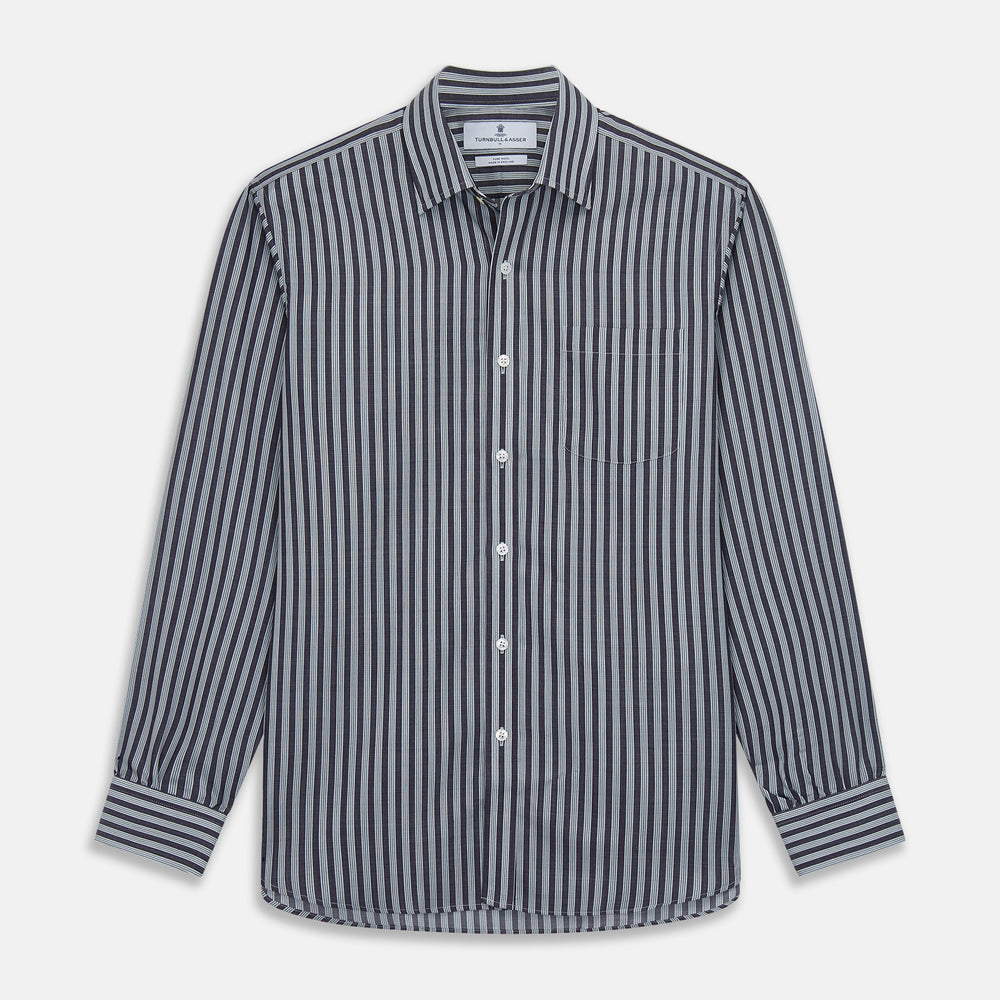 The Turnbull & Asser Navy Multi Stripe Weekend Fit Wool Shirt features a Derby collar, 1 button cuffs, and bold multicolored stripes, shown laid flat on a plain background.