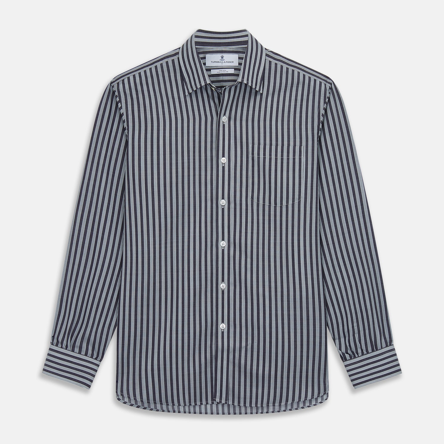 View 1 of product The Turnbull & Asser Navy Multi Stripe Weekend Fit Wool Shirt features a Derby collar, 1 button cuffs, and bold multicolored stripes, shown laid flat on a plain background.