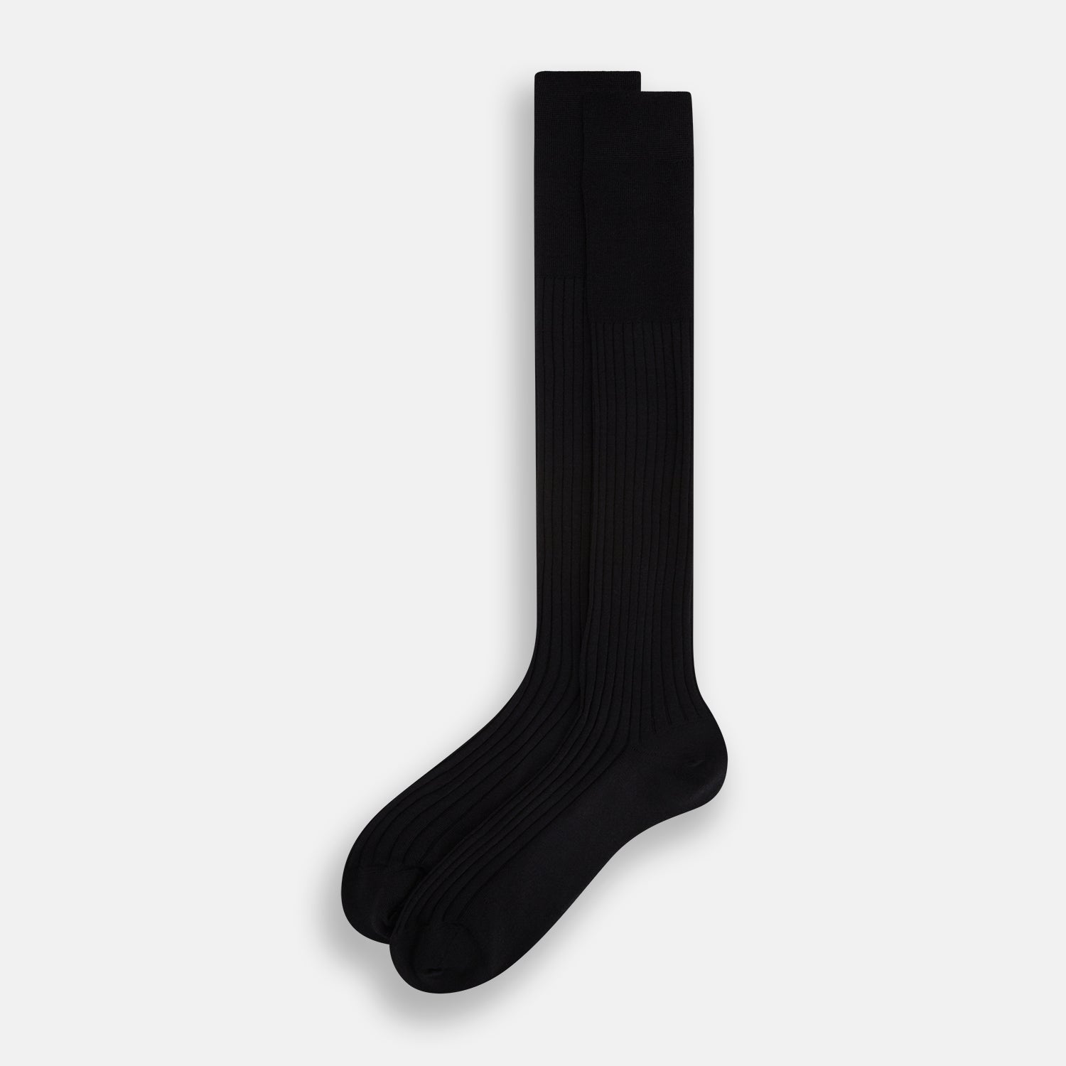 View 2 of product The Turnbull & Asser Black Wool Long Sock stands upright on a white background, featuring a ribbed texture with a fitted foot and calf, ideal for those seeking stylish over the calf socks.
