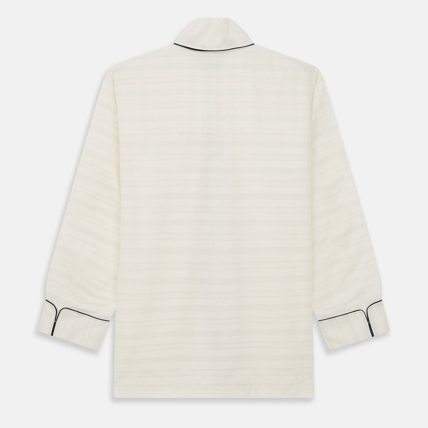 View 6 of product The Cream Pattern Cotton Blend Quin Pyjama Set by Turnbull & Asser features cream stripes, a long-sleeve button-up camp collar shirt with a chest pocket and black piping, and matching drawstring pants.