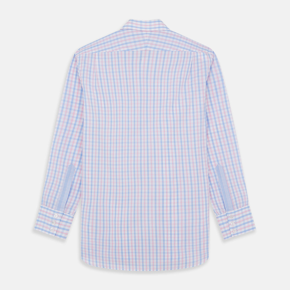 The Turnbull & Asser Red and Blue Multi Check Cotton RE-PURPOSE Mayfair shirt is a sustainable, long-sleeve button-up with a collar and cuffed sleeves, crafted from recycled fabrics and shown laid flat on a white background.