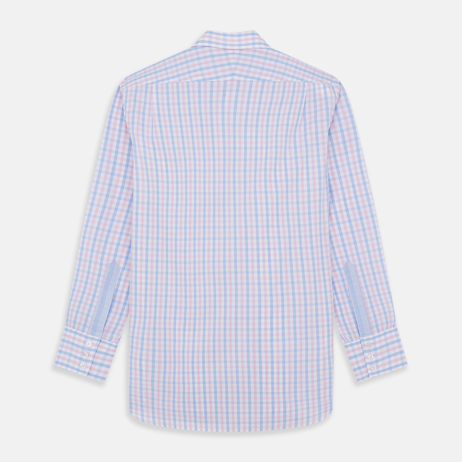 View 5 of product The Turnbull & Asser Red and Blue Multi Check Cotton RE-PURPOSE Mayfair shirt is a sustainable, long-sleeve button-up with a collar and cuffed sleeves, crafted from recycled fabrics and shown laid flat on a white background.