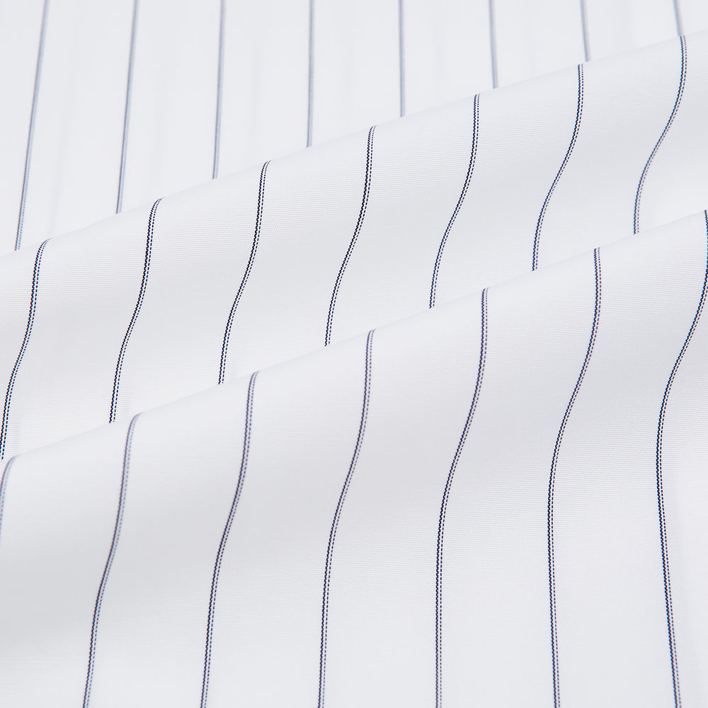 The Turnbull & Asser Navy Hairline Multi Stripe Mayfair Shirt, made from fine Italian cotton with navy stripes, a pointed collar, and buttoned cuffs, is shown laid flat on a plain white background.