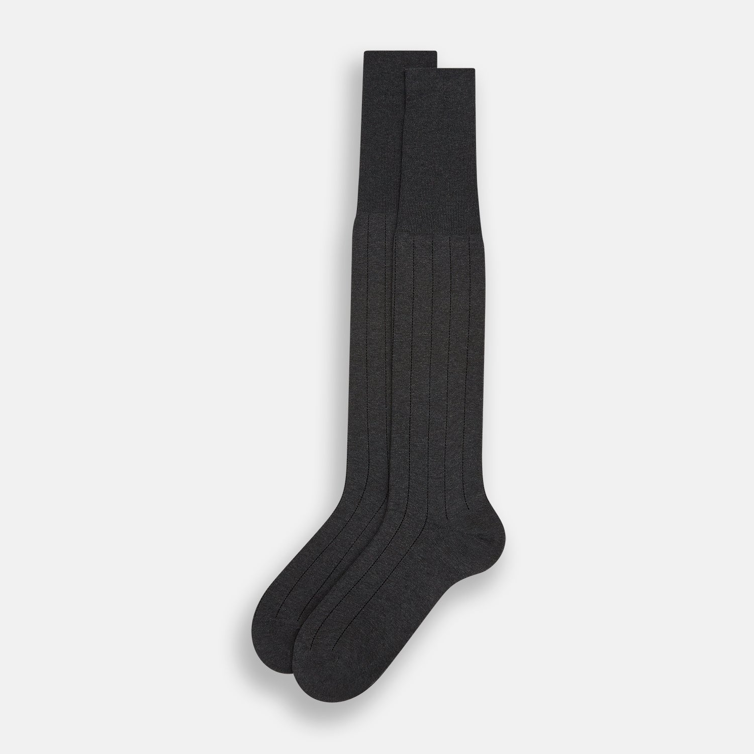 View 2 of product A single Charcoal/Brown Dash Striped Long Sock by Turnbull & Asser, made from mercerised Egyptian cotton, stands upright on a plain light background, showcasing its ribbed texture and fitted design.
