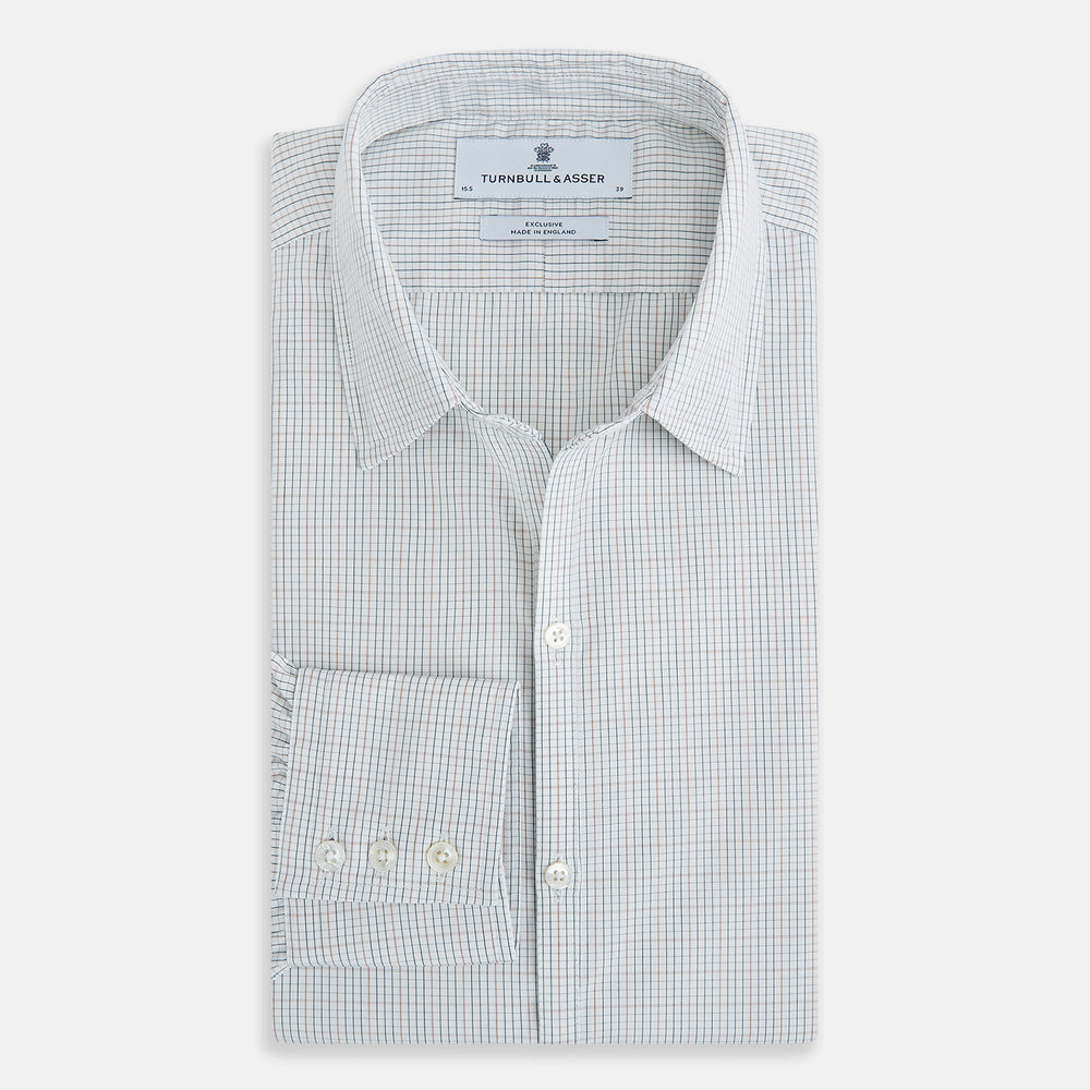 Turnbull & Asser's Forest Melange and Red Micro Check Windsor Shirt features a subtle check pattern, pointed collar, and white buttons—showcasing refined British craftsmanship.