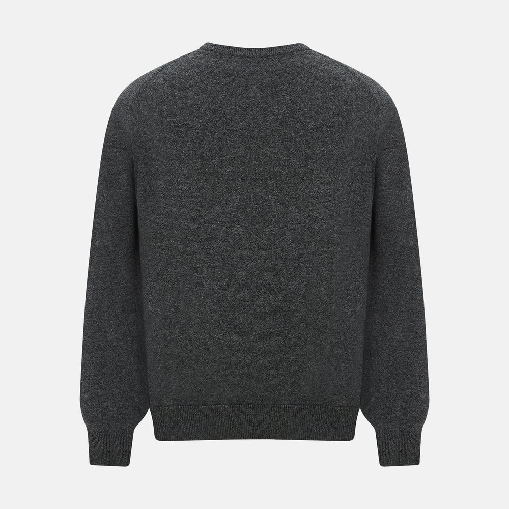 The Turnbull & Asser Charcoal Grey Cashmere Round Neck Jumper features a crew neck, long sleeves, and ribbed cuffs, collar, and hem—an essential piece of men’s knitwear displayed on a white background.