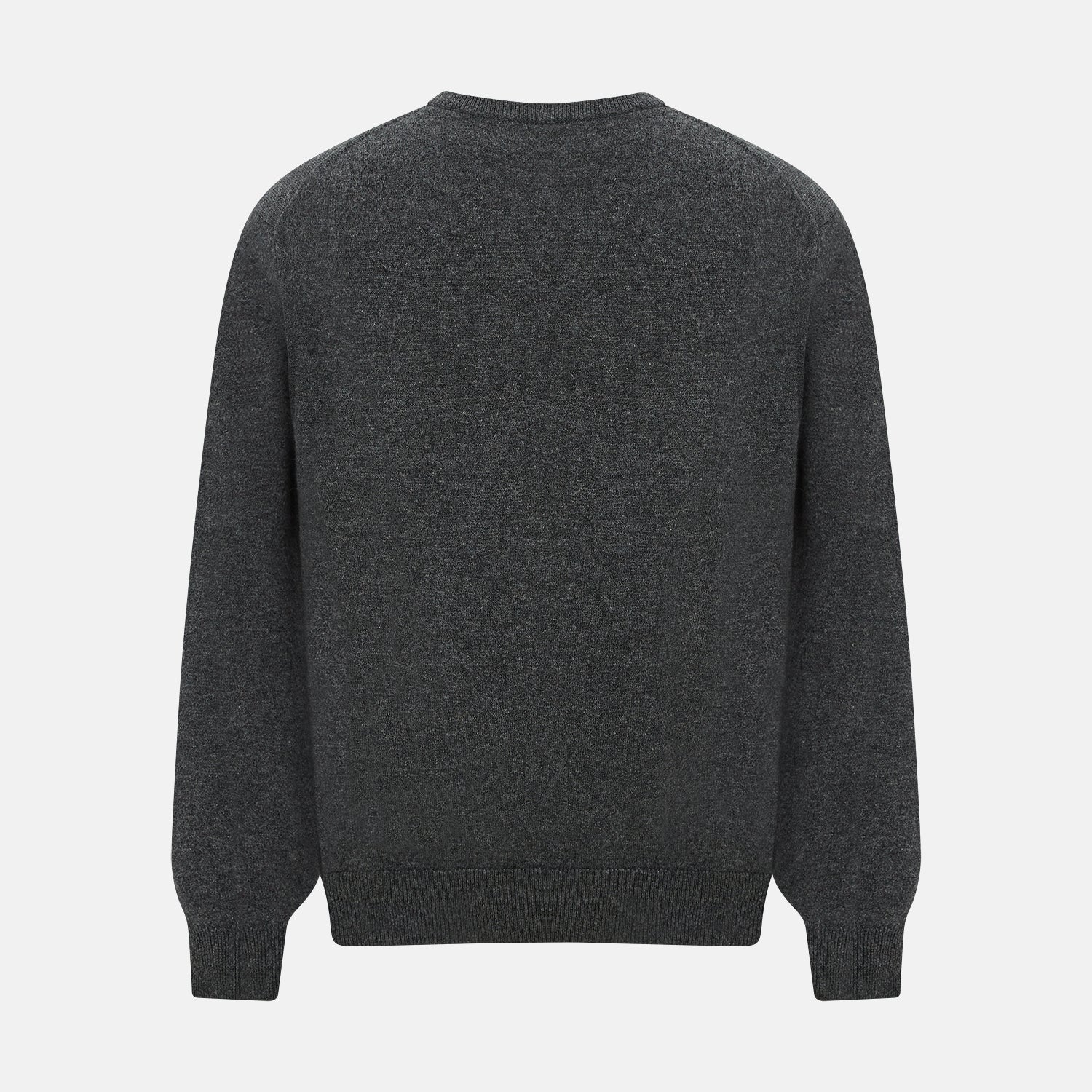 View 3 of product The Turnbull & Asser Charcoal Grey Cashmere Round Neck Jumper features a crew neck, long sleeves, and ribbed cuffs, collar, and hem—an essential piece of men’s knitwear displayed on a white background.
