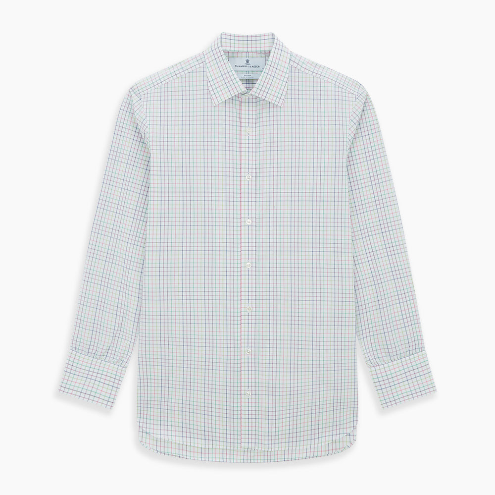 The Turnbull & Asser Multicoloured Double Grid Check Mayfair Shirt, made from organic cotton, features long sleeves, a collar, and a blue, green, and red grid check on white. The shirt is shown neatly laid flat against a white background.