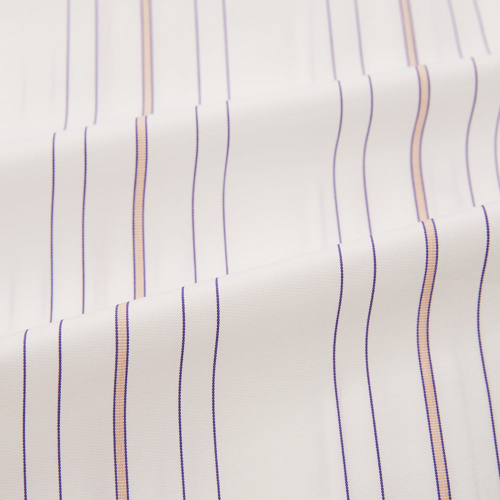 The Purple and Rose Multi Stripe Mayfair Shirt by Turnbull & Asser features thin blue, red, and gray stripes on white, a classic collar, and long sleeves. This British design is displayed on a plain white surface.
