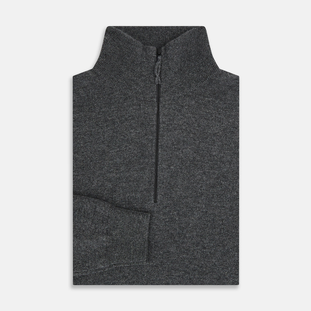 The Turnbull & Asser Charcoal Grey Melange Half-Zip Cashmere Jumper features a high collar, quarter-zip design, and long sleeves, shown against a plain white background.