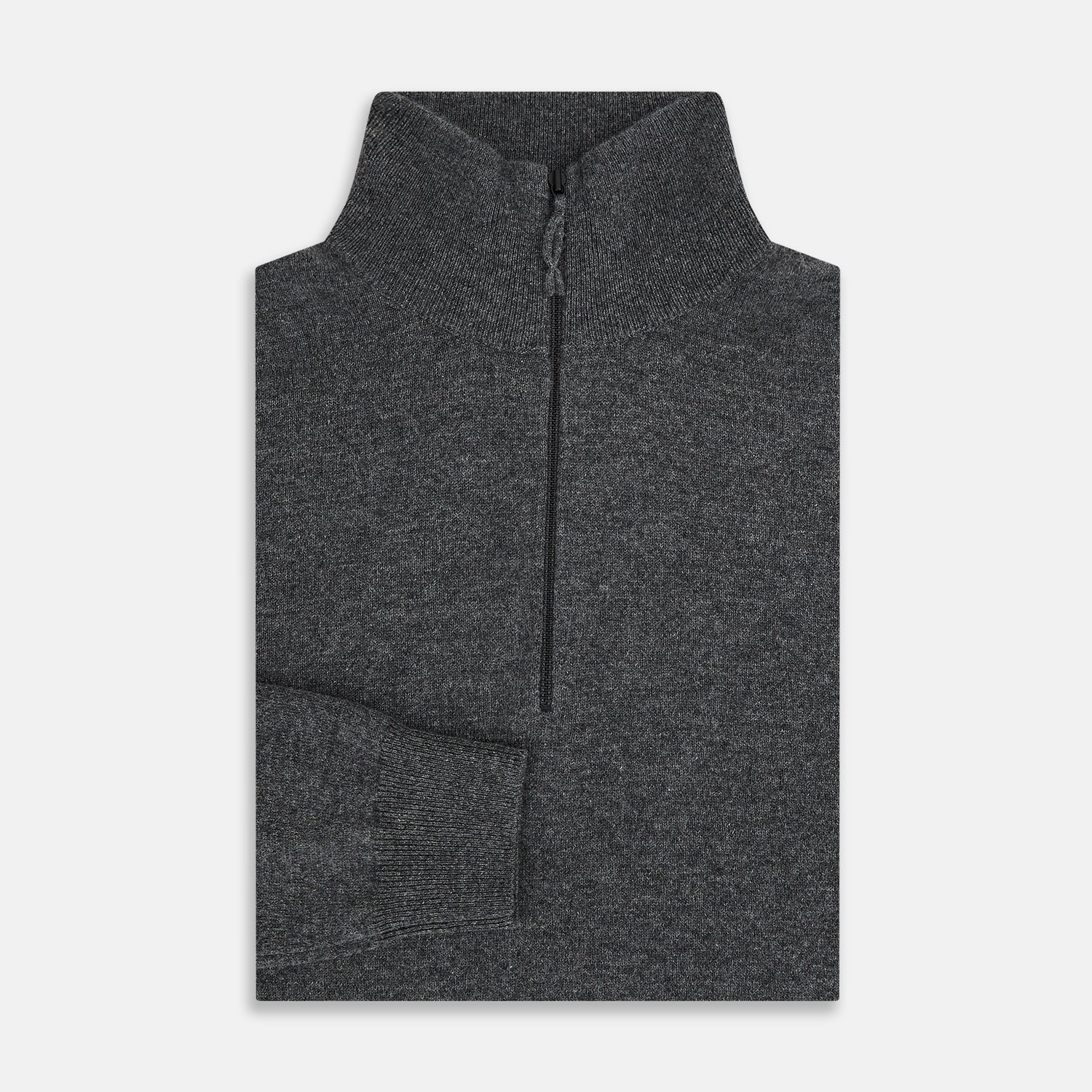 View 4 of product The Turnbull & Asser Charcoal Grey Melange Half-Zip Cashmere Jumper features a high collar, quarter-zip design, and long sleeves, shown against a plain white background.