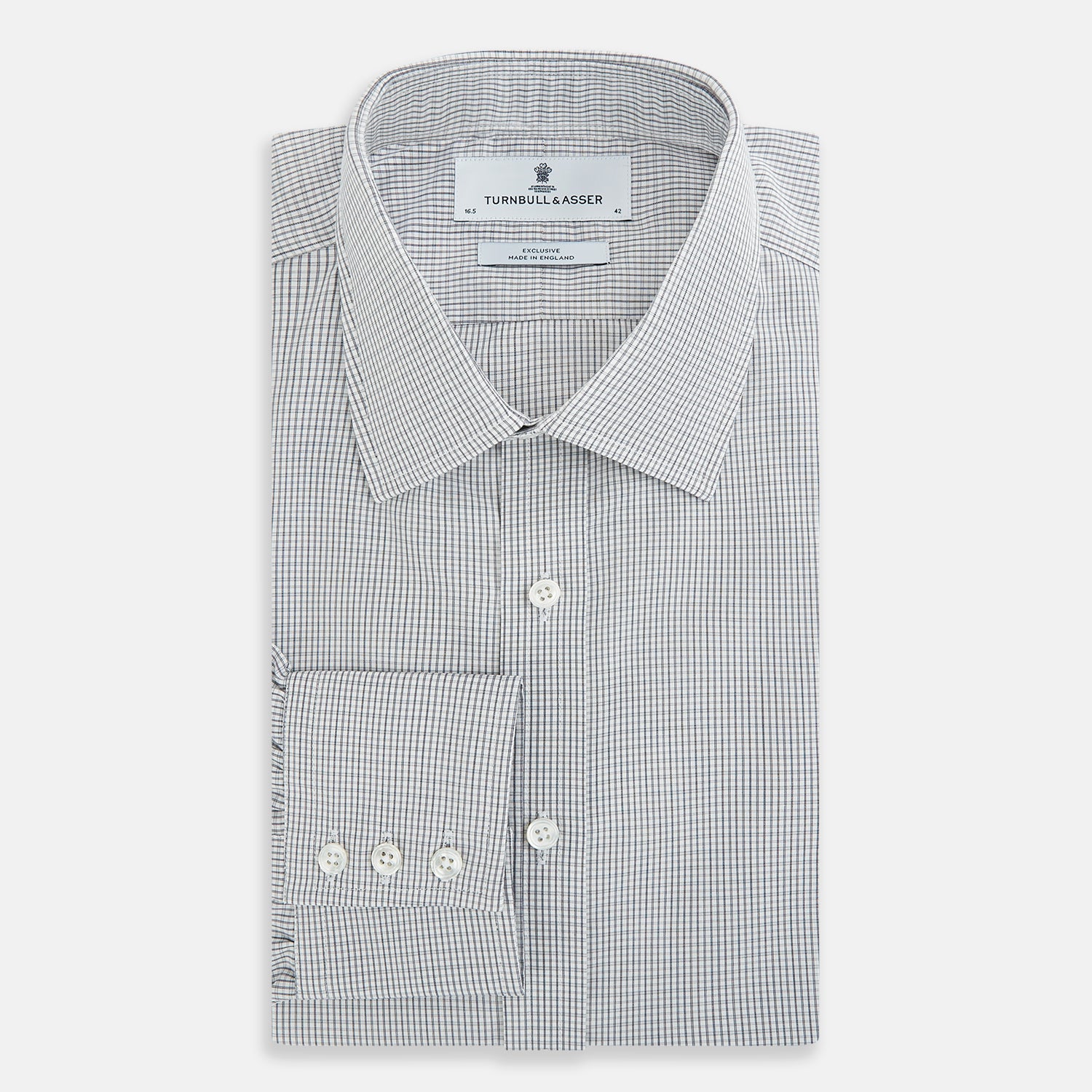 View 5 of product The Midnight Blue Micro Tattersall Check Mayfair Shirt by Turnbull & Asser, made from pure cotton with white buttons, a classic collar, and cuffed sleeves, is laid flat on a white background.