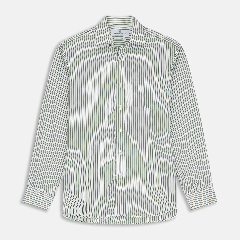 The Turnbull & Asser Green Stripe Weekend Fit Shirt features a derby collar, 1-button cuffs, and relaxed fit, perfect for smart-casual style, shown laid flat on a white background.