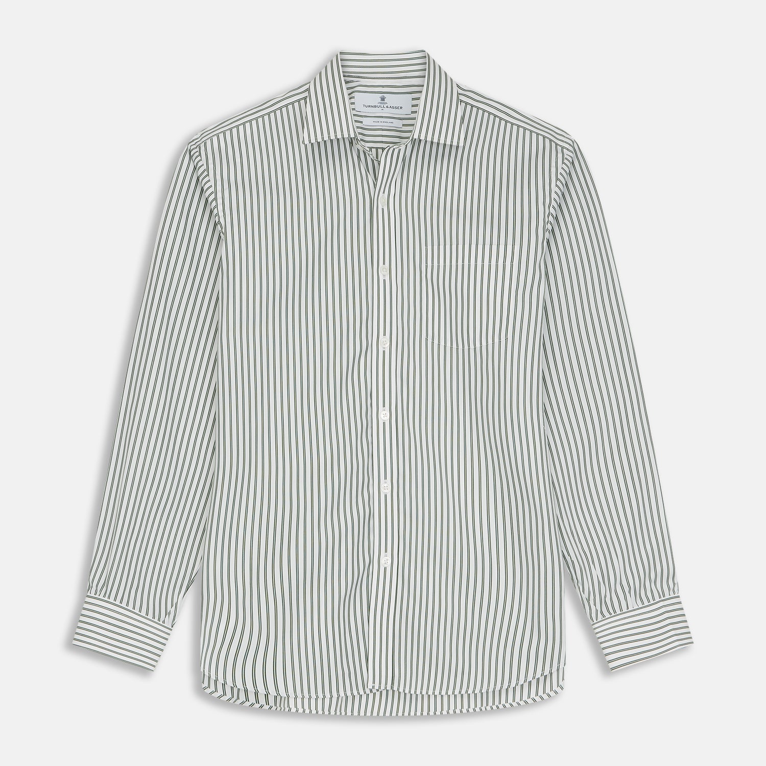 View 1 of product The Turnbull & Asser Green Stripe Weekend Fit Shirt features a derby collar, 1-button cuffs, and relaxed fit, perfect for smart-casual style, shown laid flat on a white background.