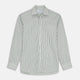 The Turnbull & Asser Green Stripe Weekend Fit Shirt features a derby collar, 1-button cuffs, and relaxed fit, perfect for smart-casual style, shown laid flat on a white background.