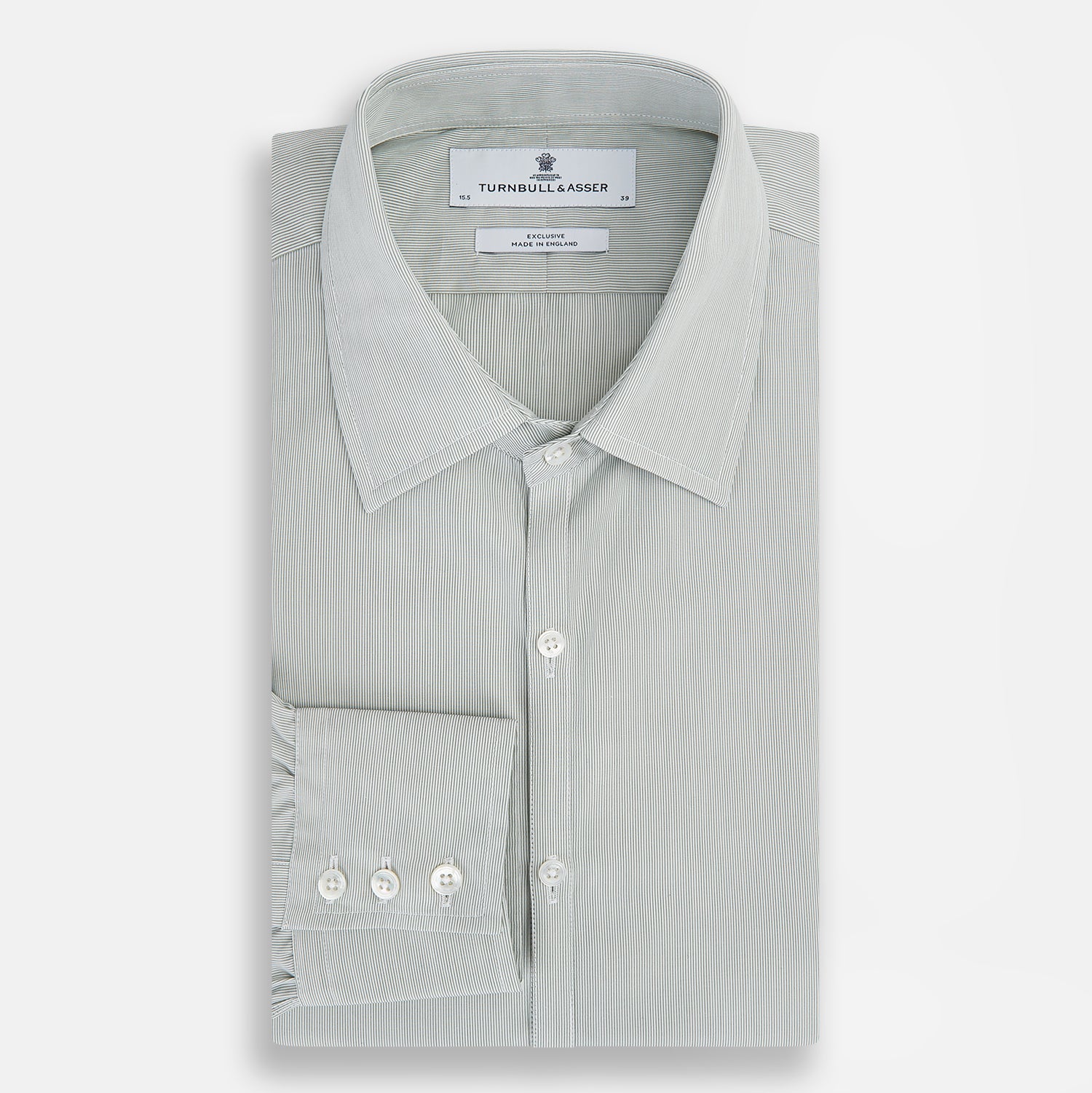 View 5 of product A dark green hairline stripe Westminster shirt by Turnbull & Asser, featuring long sleeves, a classic collar, tailored fit, white front buttons, and buttoned cuffs, laid flat on a white background.