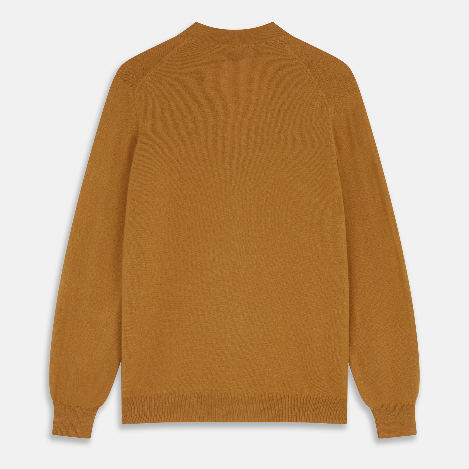 View 3 of product The Turnbull & Asser Golden Brown Cashmere Lachlan Cardigan features long sleeves, front buttons, two front pockets, and ribbed cuffs and hem—a luxurious knitwear piece shown laid flat on a white background.